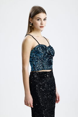  Sense Siyah-Turkuaz Fermuarlı Payetli Kadife Bustiyer | Bus34034