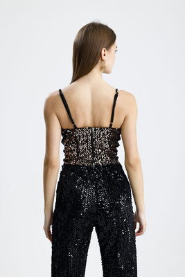  Sense Siyah Bakır Fermuarlı Payetli Kadife Bustiyer | Bus34034