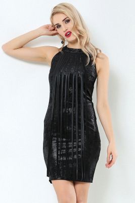  Siyah Sırtı Fermuarlı .Kolsuz Renkli Sacaklı Dalgıc Kadife Elbise | Elb14508