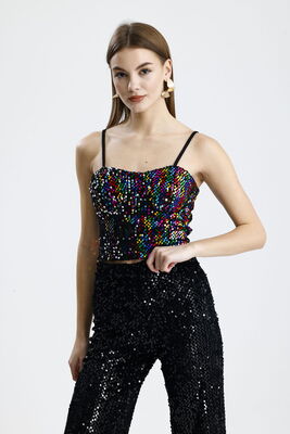  Sense Siyah Gökkuşağı Fermuarlı Payetli Kadife Bustiyer | Bus34034