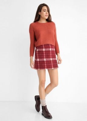  Sense Bordo-Ekru Ekose Mini Etek | Etk12984