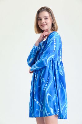  Sense Mavı Göğüs Alti Büzgülü Havuz Yaka Desenli Elbise_Elb32126