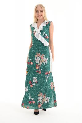 Çicekli Elbise - Yesıl Elbise - Çiçekli Ön Volanlı Kusaklı Elbise | Elb31470