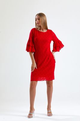  Sense Kırmızı Güpür Kolları Volanlı Elbise | Elb31293