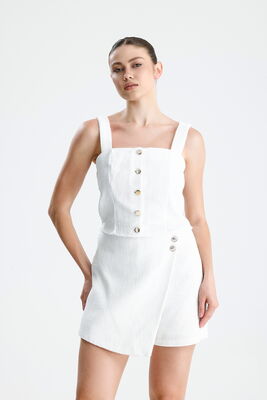  Sense Beyaz Şanel Dokulu Düğmeli Askılı Crop Bluz | BUST35122