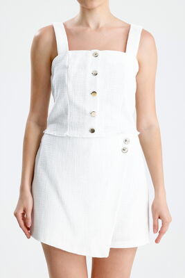  Sense Beyaz Şanel Dokulu Düğmeli Askılı Crop Bluz | BUST35122