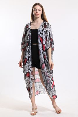  Sense Ekru Fuşya Yılan Desen Şifon Plaj Kimono | ELB33597