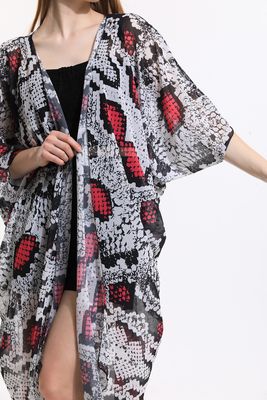  Sense Ekru Fuşya Yılan Desen Şifon Plaj Kimono | ELB33597