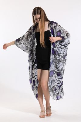  Sense Ekru Lila Yılan Desen Şifon Plaj Kimono | Elb33597