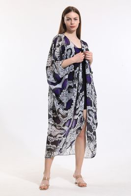  Sense Ekru Lila Yılan Desen Şifon Plaj Kimono | Elb33597