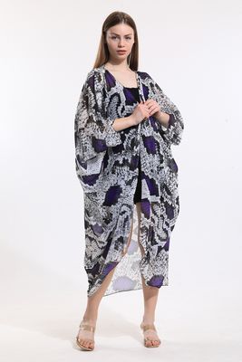  Sense Ekru Lila Yılan Desen Şifon Plaj Kimono | Elb33597