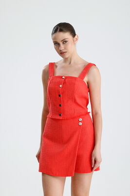  Sense Mercan Şanel Dokulu Düğmeli Askılı Crop Bluz | BUST35122