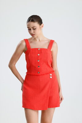  Sense Mercan Şanel Dokulu Düğmeli Askılı Crop Bluz | BUST35122