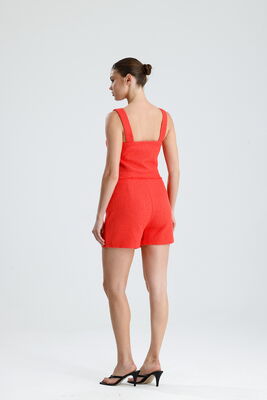  Sense Mercan Şanel Dokulu Düğmeli Askılı Crop Bluz | BUST35122