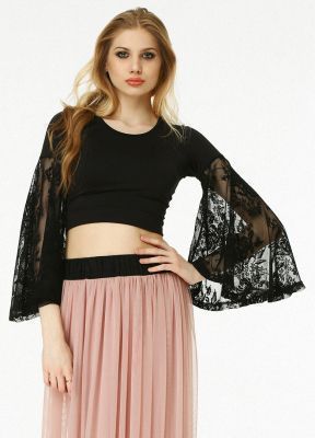 Siyah Kollari Dantel Kisa Bluz | Blz13713