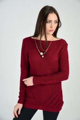 Sense Bordo Havuz Yaka Enine Saç Örgülü Etek Ucu Verev Şeritli Tri | Trk18089