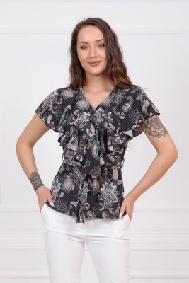  Siyah Kolları Volanlı Kruvaze Desenli Bluz Blz32057