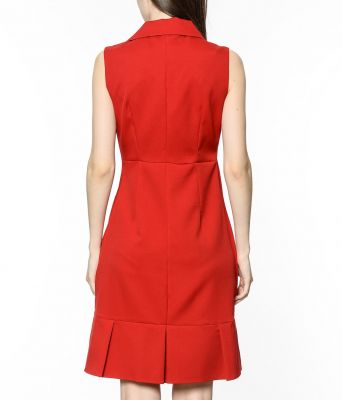  Kırmızı Dugmesiz Kolsuz Etek Ucu Fırfırlı Krep Elbise | Elb31065