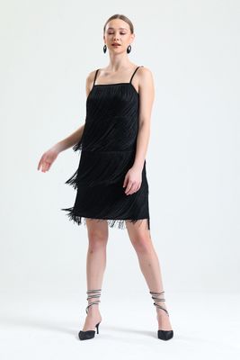  Sense Siyah İp Sacaklı Abiye Scuba Krep Mini Elbise | ELB34822