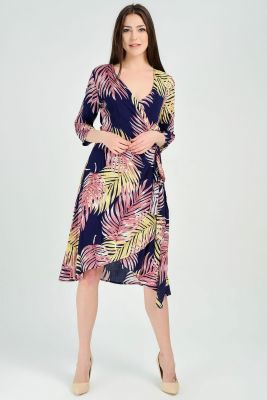  Çicekli Elbise - Lacıvert Kruvaze Yandan Baglamalı Elbise | Elb31656