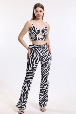  Sense Zebra Desenli Kemerli İspanyol Paça Zebra Desenli Scuba Krep Pantolon | Pnt34257